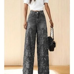 Stylish Gray Wide-Leg Women'S High-Waisted Lace Patchwork Denim Drape SIZE 10/12
